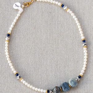 Freshwater pearl necklace, Tibetan agate, lapis and bubble agate