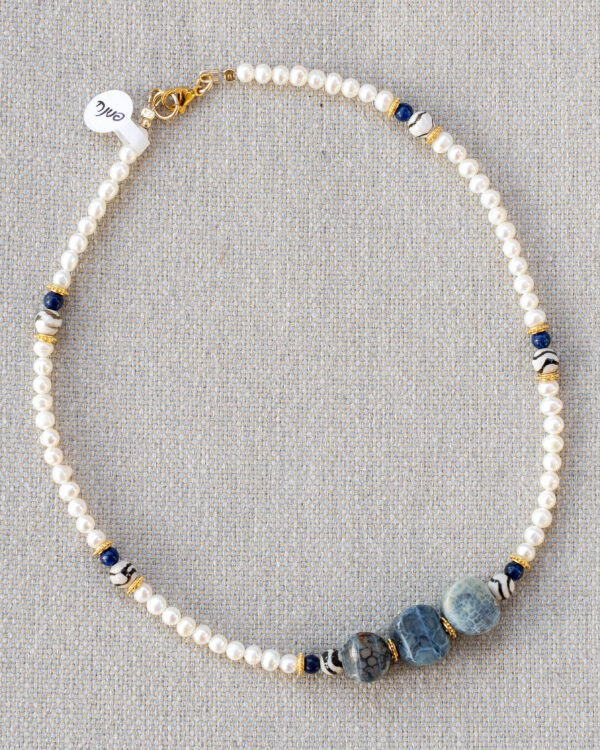 Freshwater pearl necklace, Tibetan agate, lapis and bubble agate