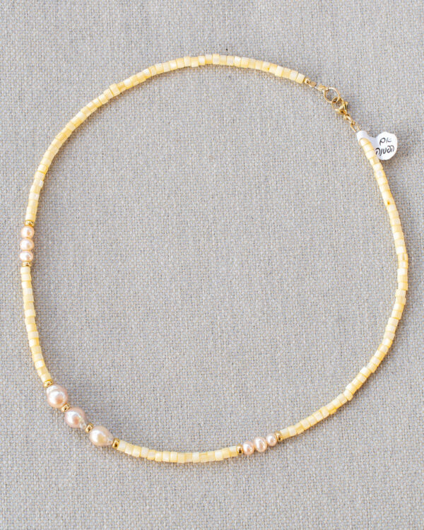 Banana yellow dyed shell necklace with baroque pearls