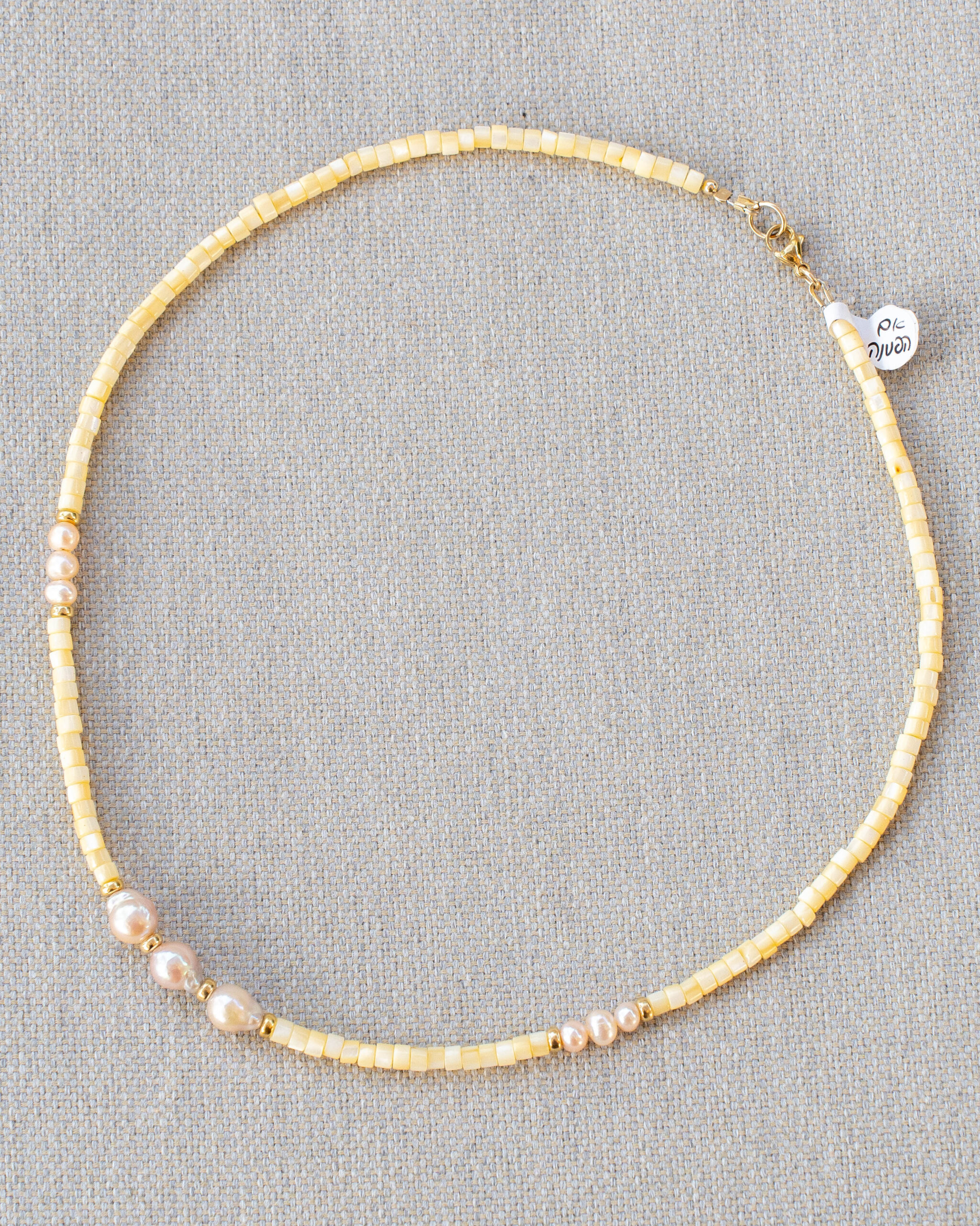 Banana yellow dyed shell necklace with baroque pearls