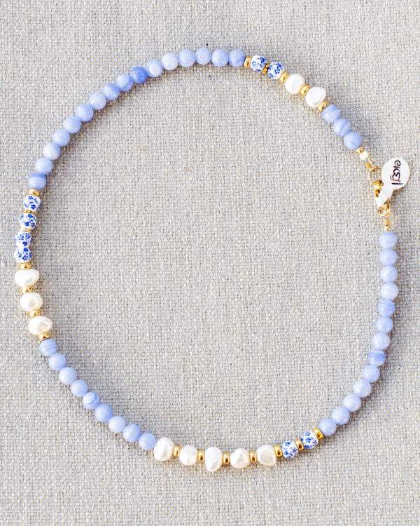 Blue Lace Agate Necklace, Freshwater Pearls, and Dutch Ceramic Beads