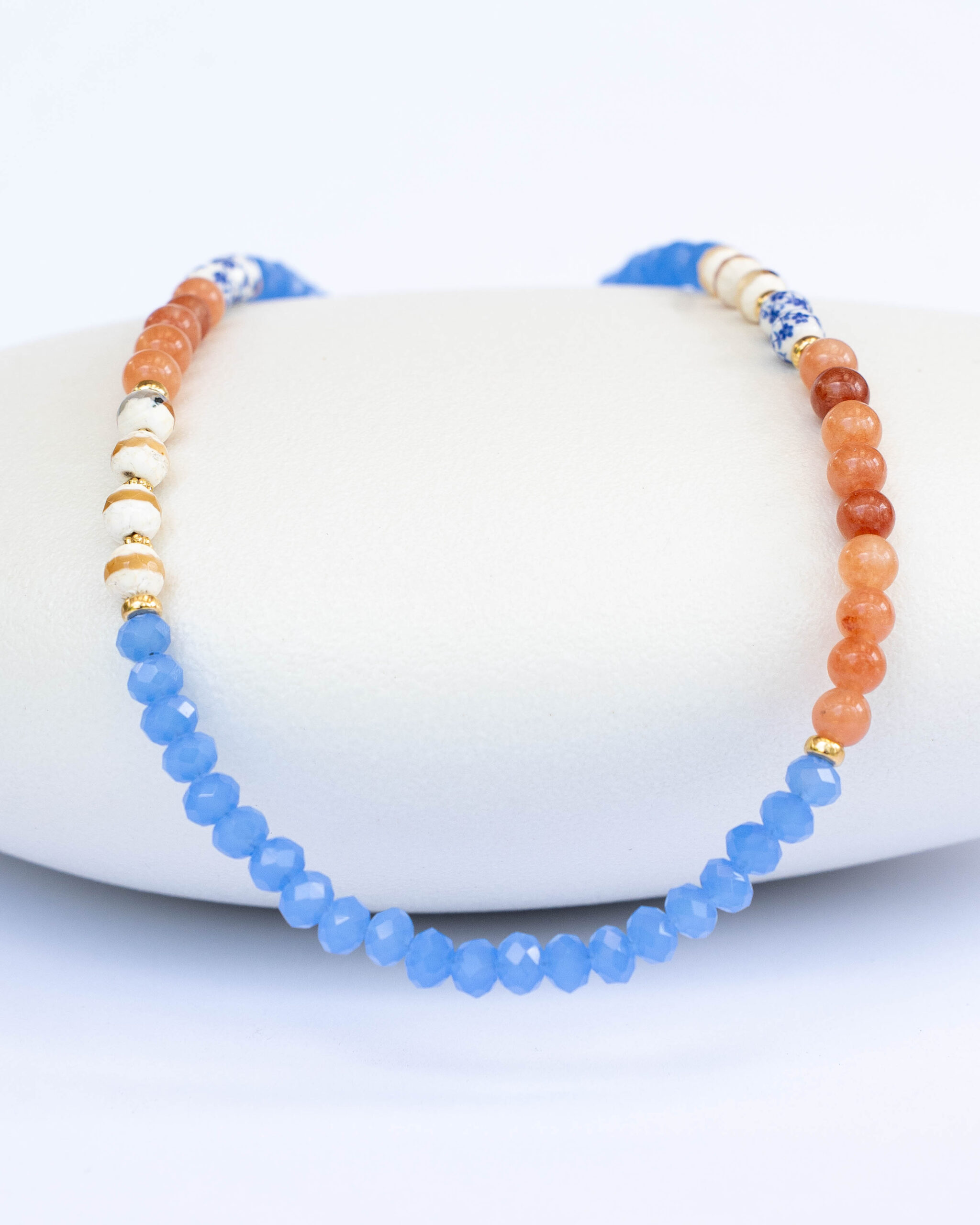 Orange aventurine necklace, white Tibetan agate, Dutch ceramic beads and bluish crystal beads