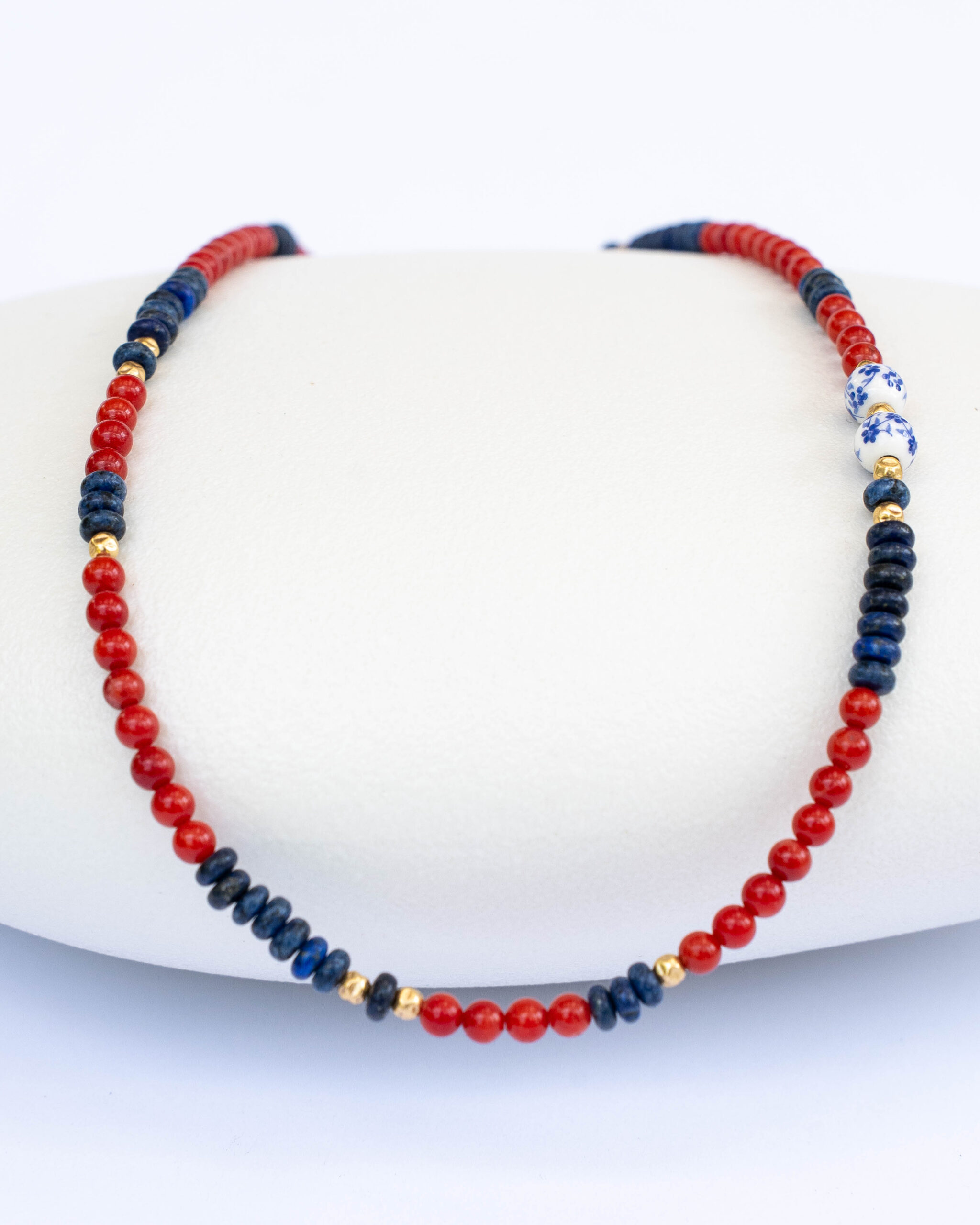 Red coral, lapis lazuli and Dutch ceramic beads necklace