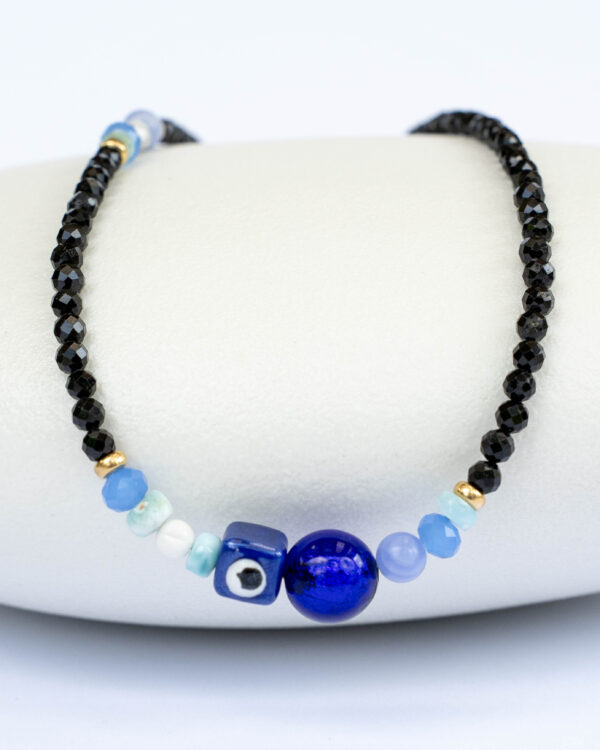 Black tourmaline, aquamarine, helite and good eye necklace