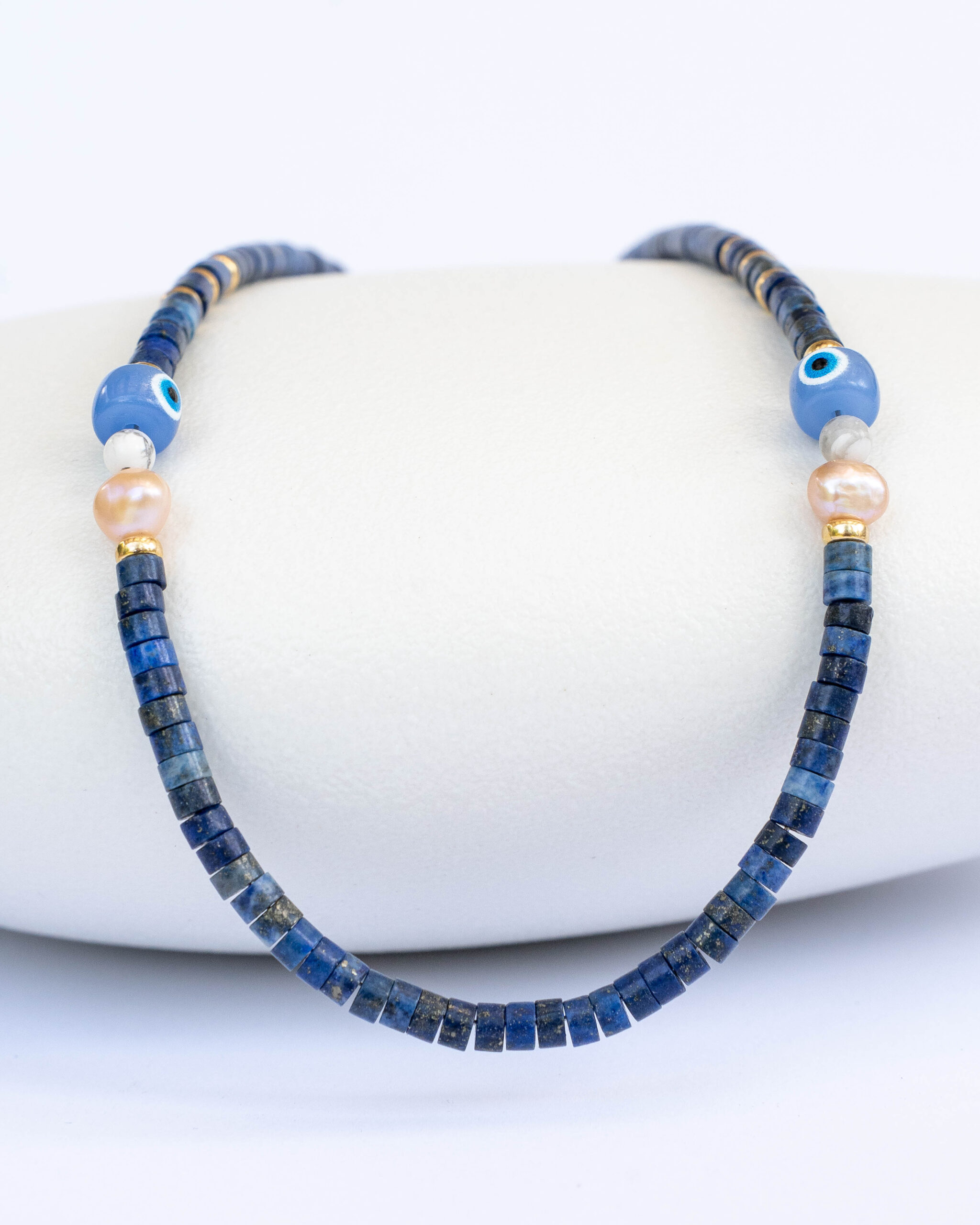 Lapis Lazuli, Pink Pearl and Good Eye Necklace
