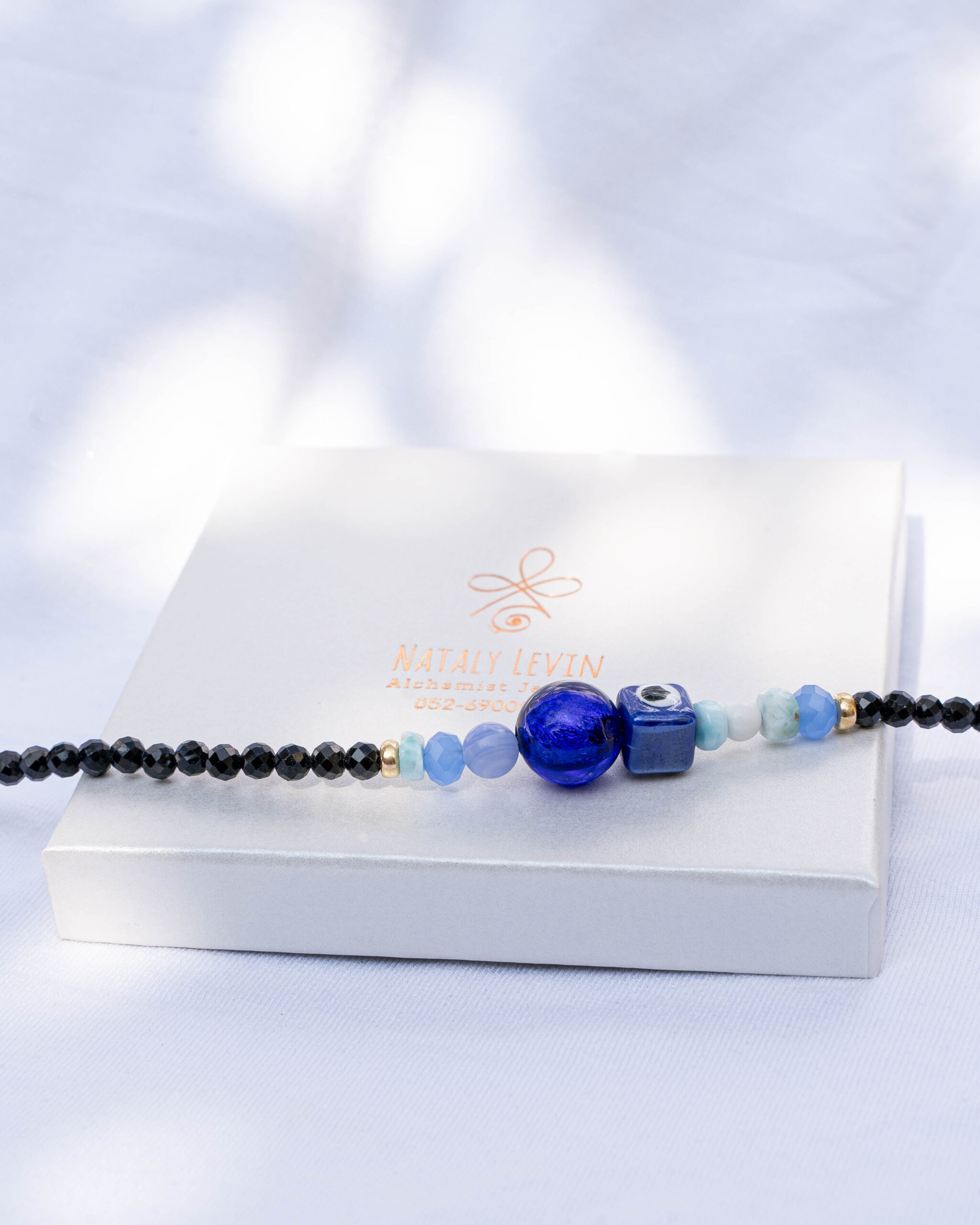 שרשרת טורמלין שחור, אקוומרין, היולייט ועין טובה – תמונה 3